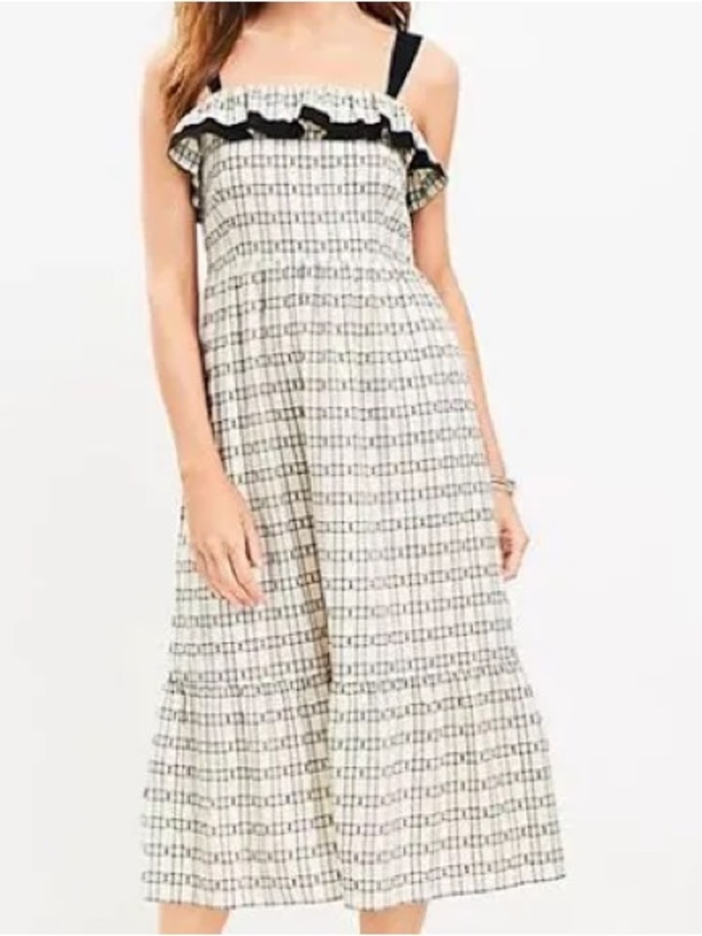LOFT Plaid Ruffle Square Neck Midi Dress black and white grid pattern size 2